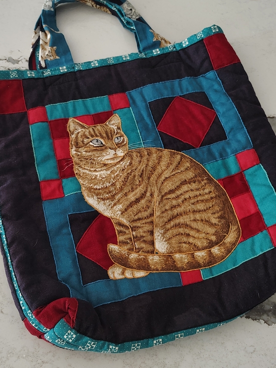 Handmade Handbags - Handmade Quilted  Cat Print Tote Bag Book Bag Cat Lover Shopping Bag